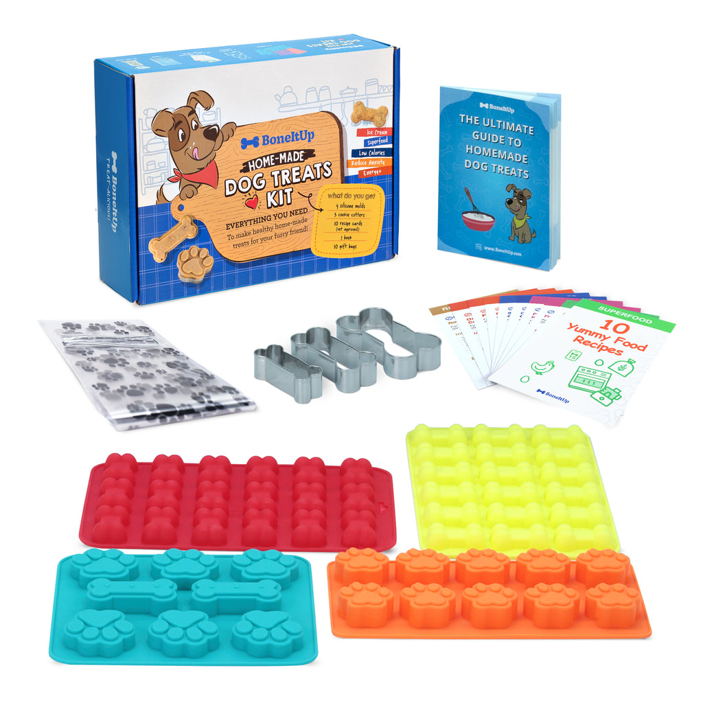 Dog treats kit with molds, cookie cutters, and recipe book on a white background